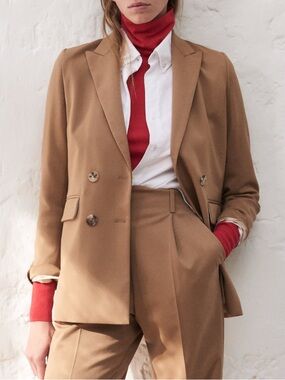 Sandro Tailored Double-Breasted Camel Brown Blazer